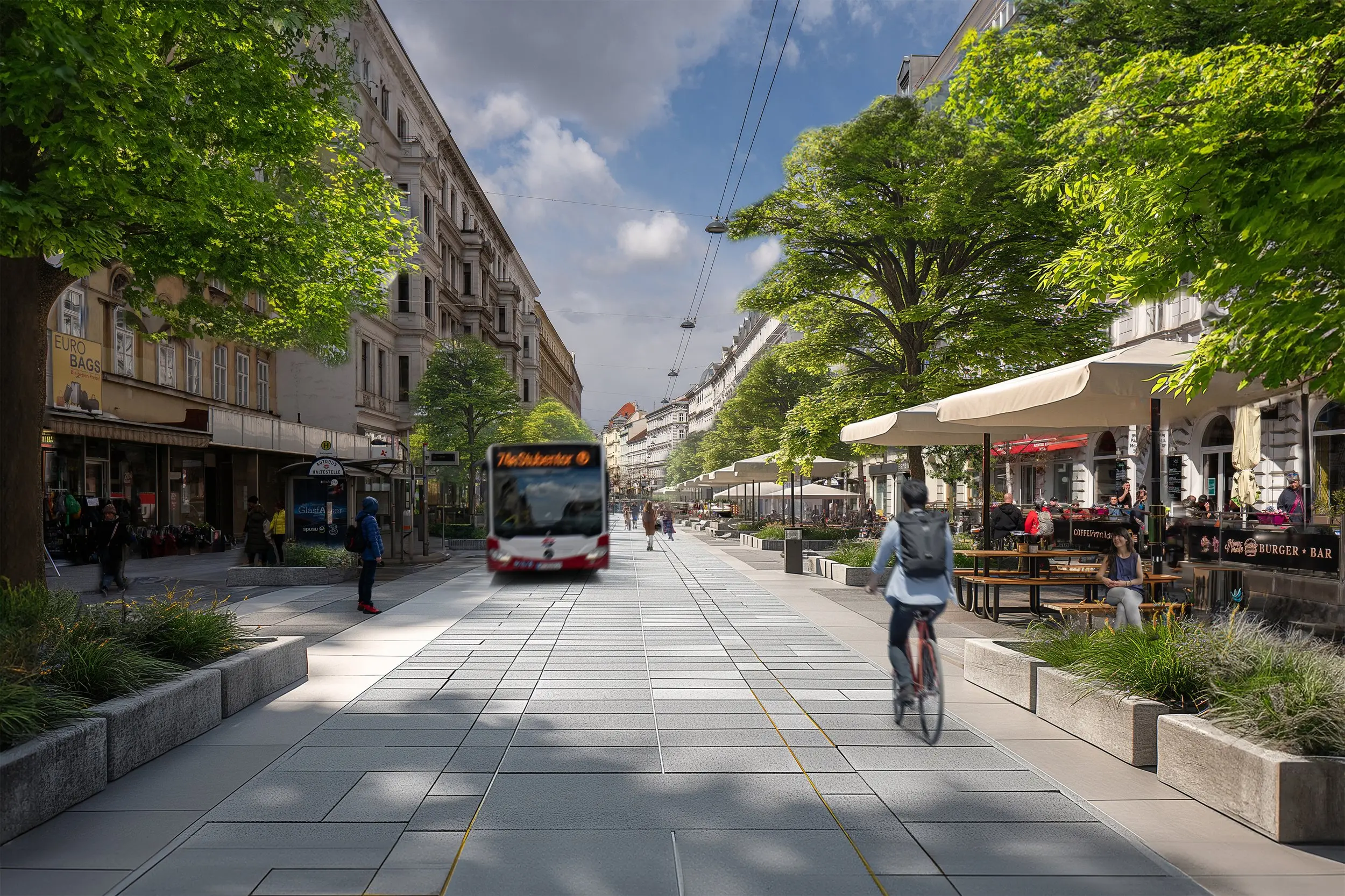 Straßen in Wien-Landstraße mit Bäumen, Radwegen, Sitzplätzen und Fußgänger:innen
