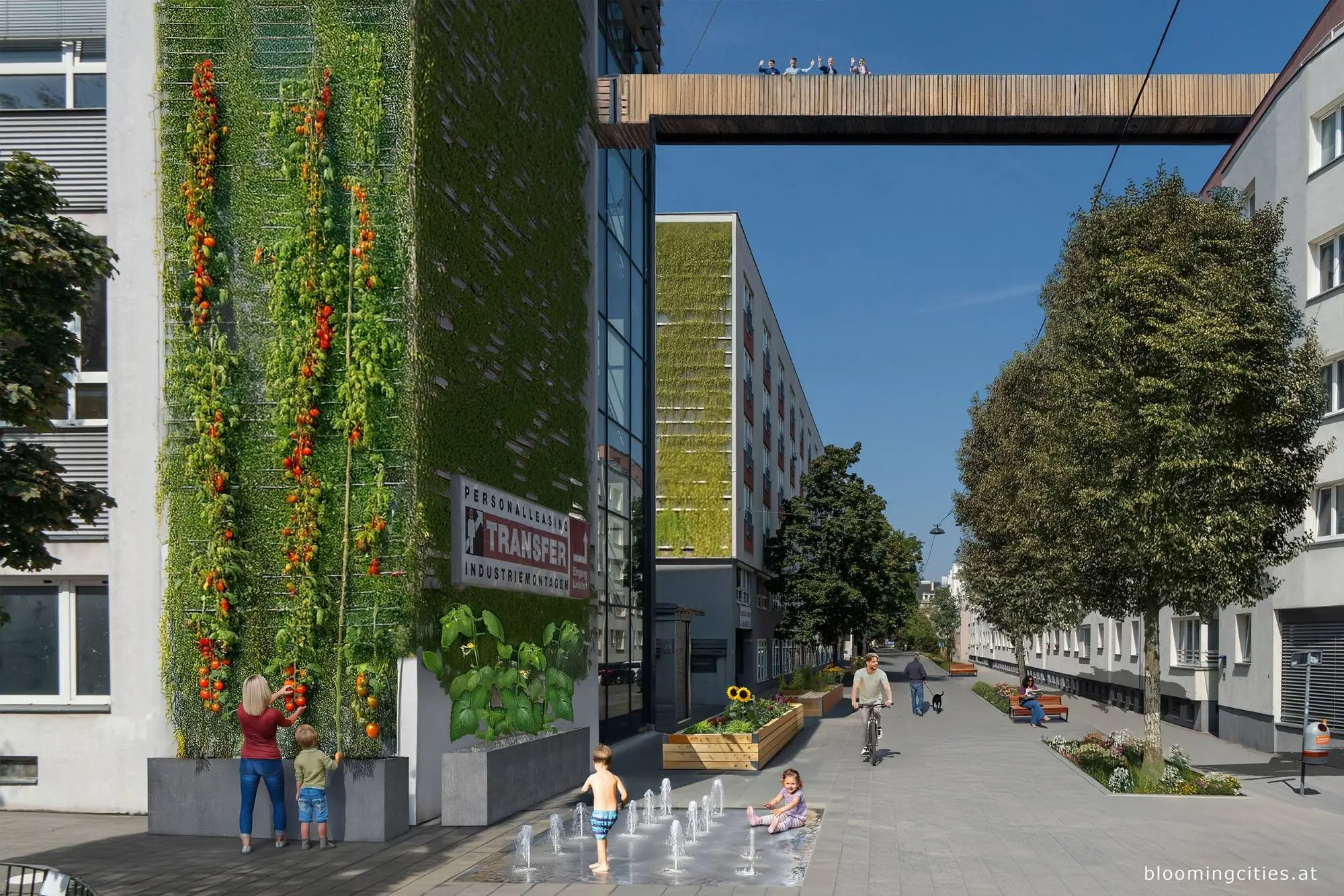 Brunhildengasse in Wien mit begrünten Fassaden, Hochbeeten, Bäumen und Wasserspiel