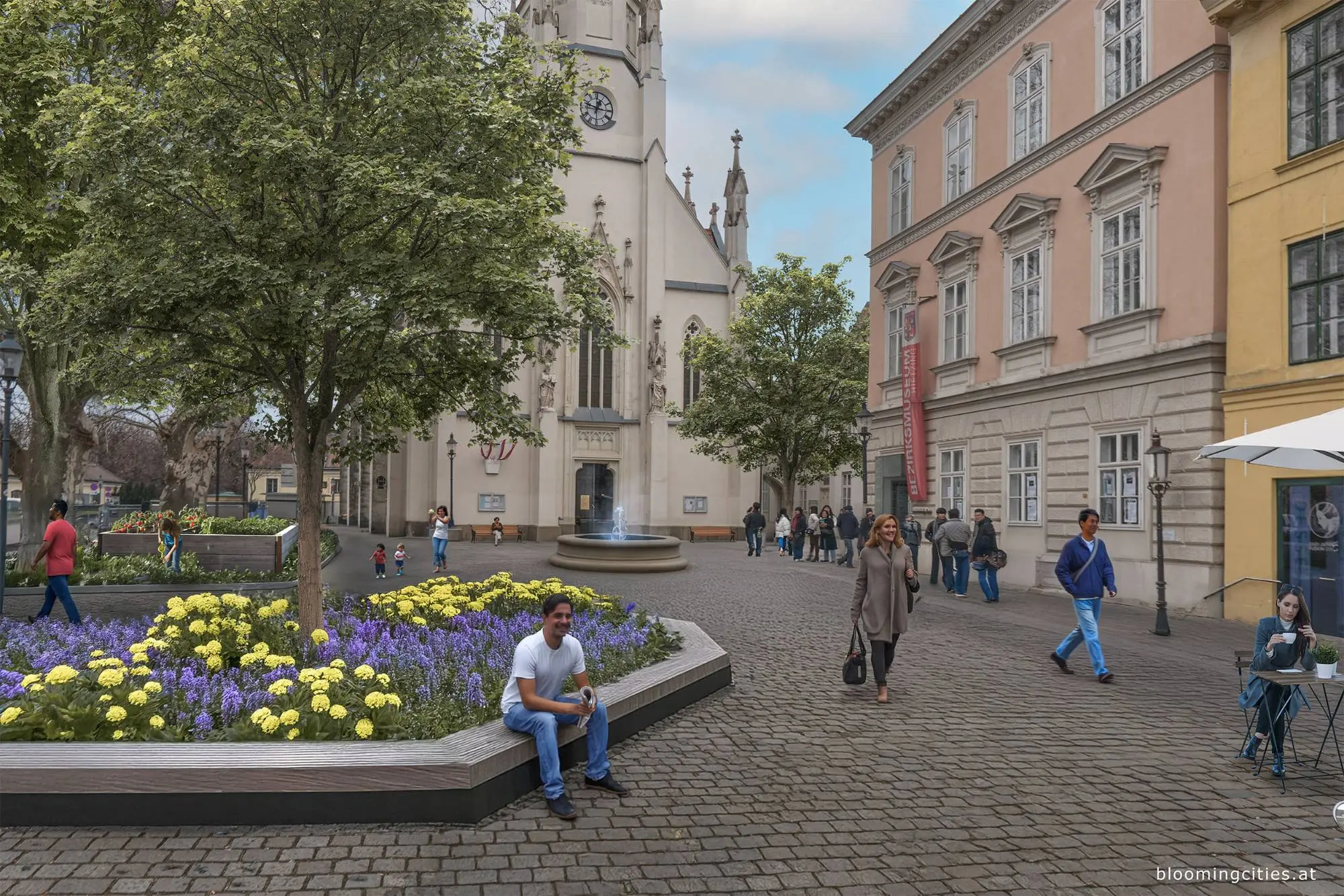 Plätze und Straßen in Hietzing mit Bäumen, Beeten, Sitzplätzen und Fußgänger:innen