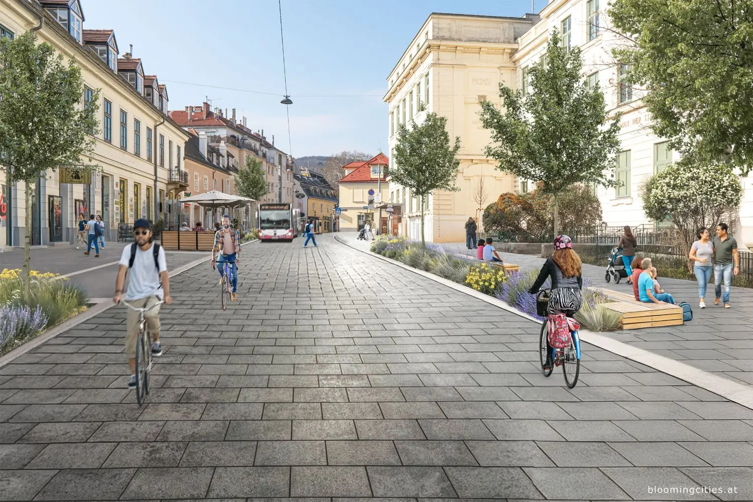Plätze und Straßen in Hietzing mit Bäumen, Beeten, Sitzplätzen und Fußgänger:innen