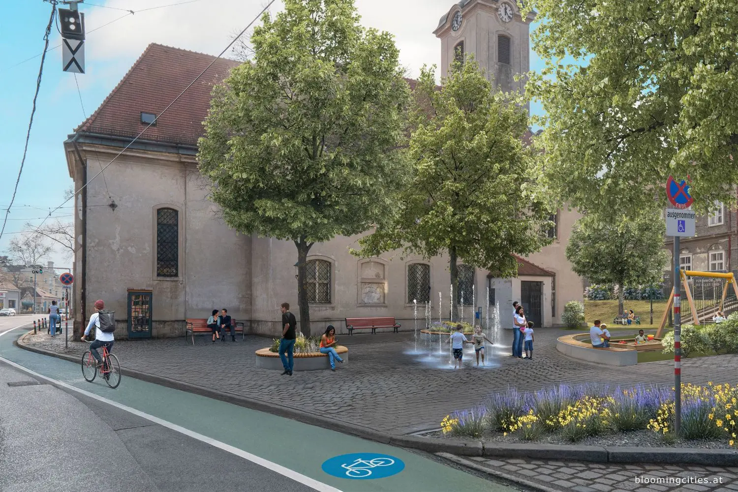 Plätze und Straßen in Hietzing mit Bäumen, Beeten, Sitzplätzen und Fußgänger:innen