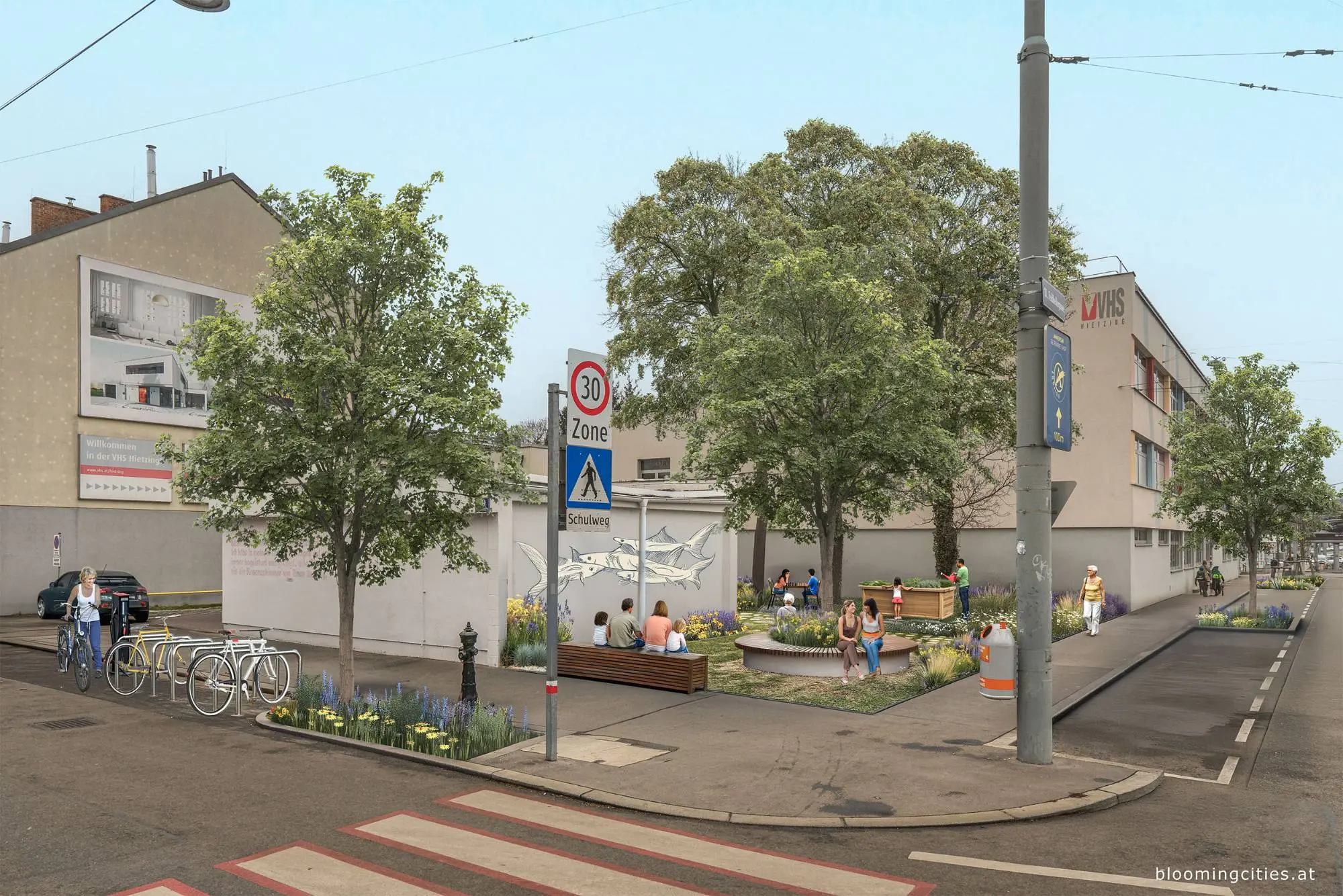 Plätze und Straßen in Hietzing mit Bäumen, Beeten, Sitzplätzen und Fußgänger:innen
