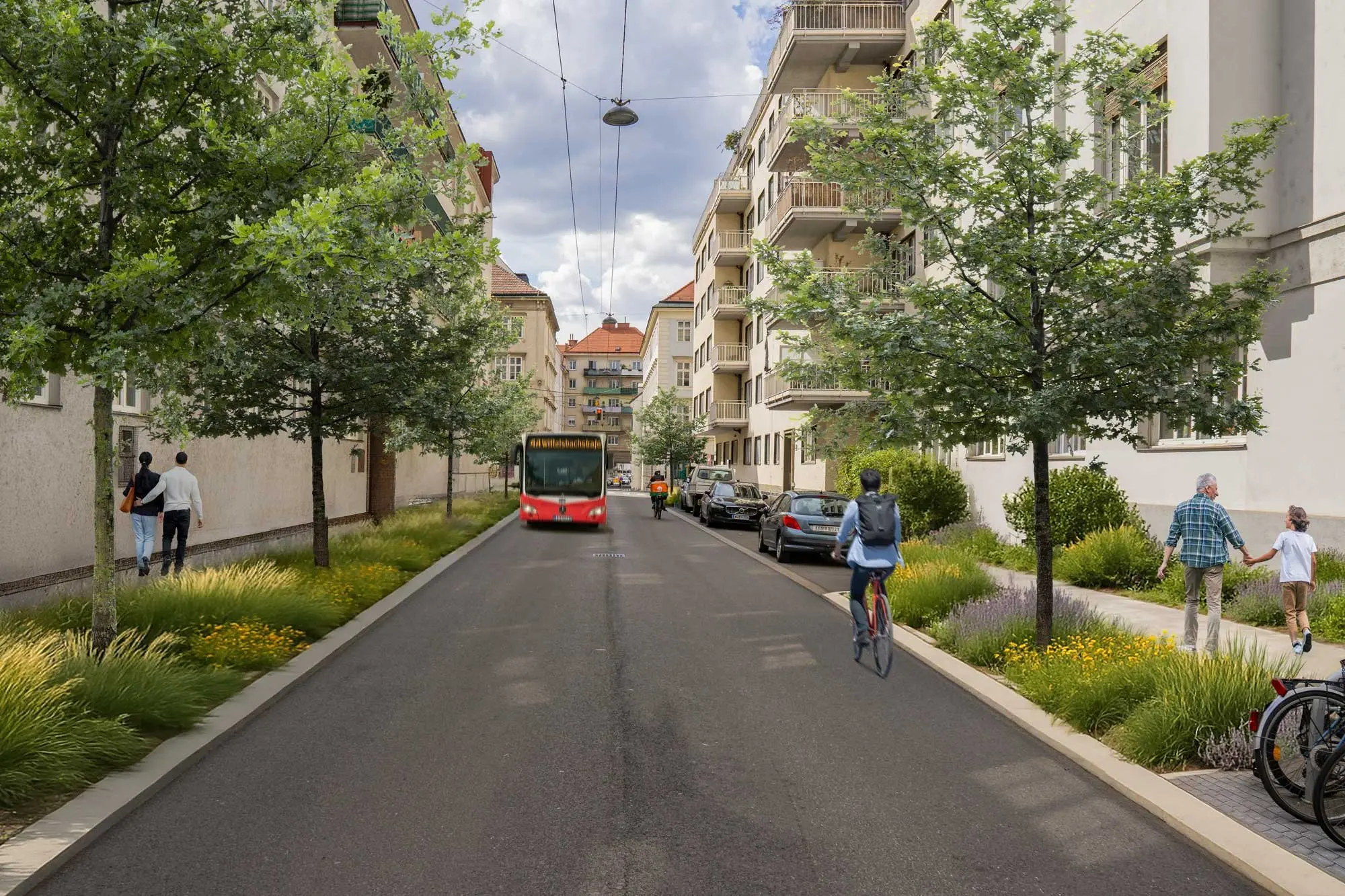 Straßen in Wien-Landstraße mit Bäumen, Radwegen, Sitzplätzen und Fußgänger:innen