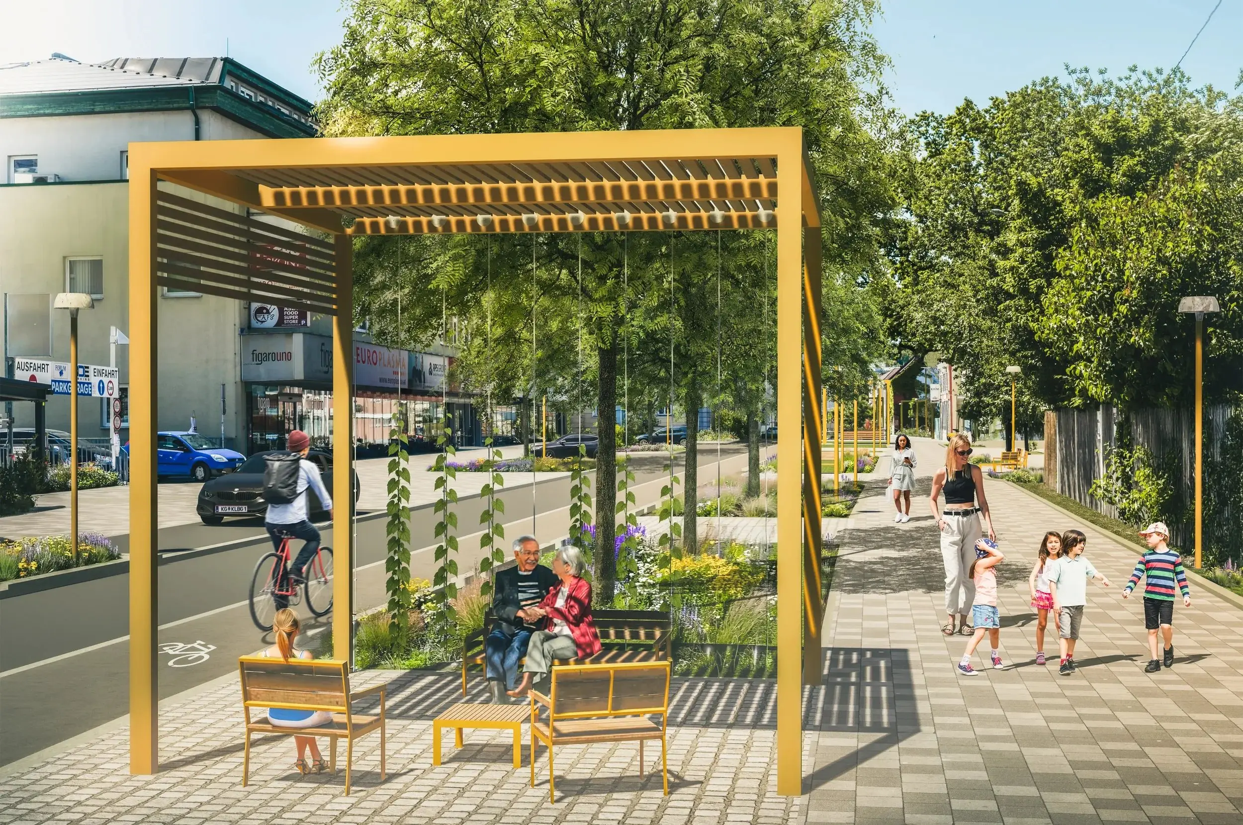 Promenadenring St. Pölten nach dem Umbau mit Bäumen, Radweg und Sitzplätzen