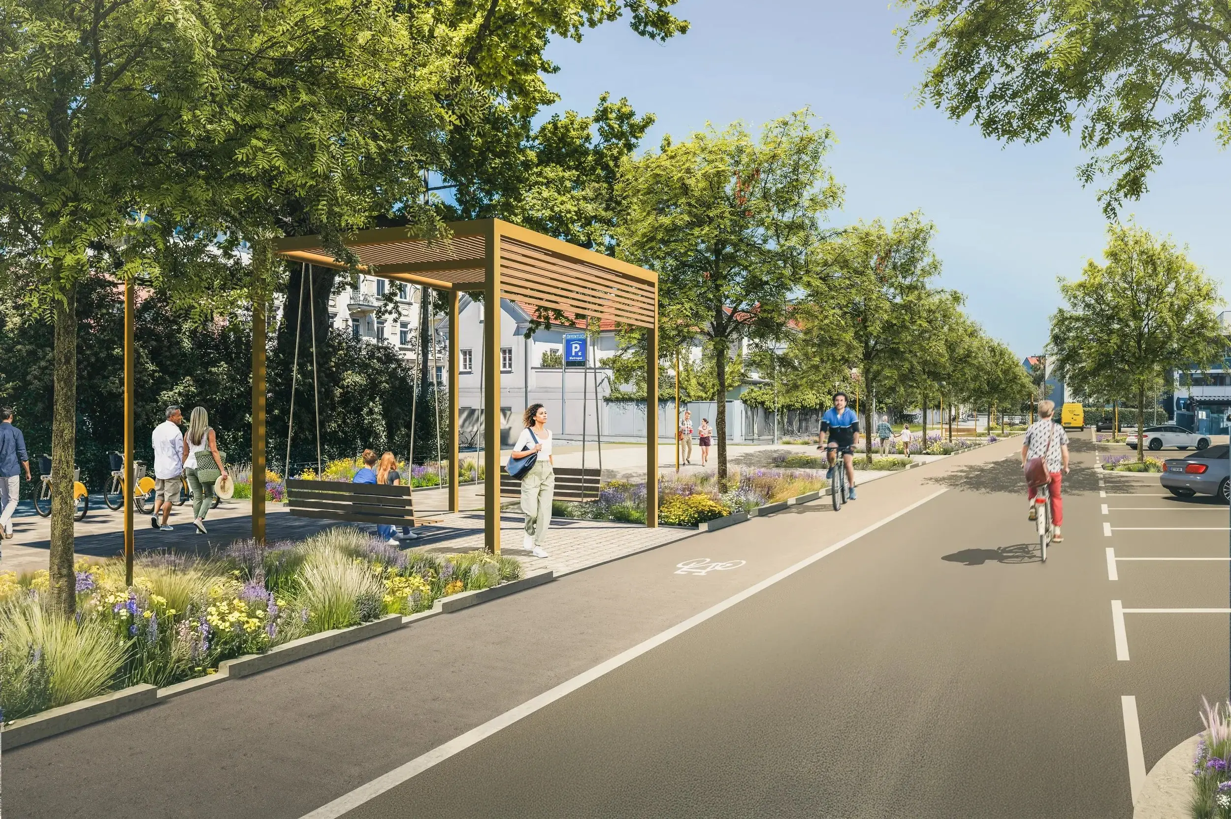 Promenadenring St. Pölten nach dem Umbau mit Bäumen, Radweg und Sitzplätzen